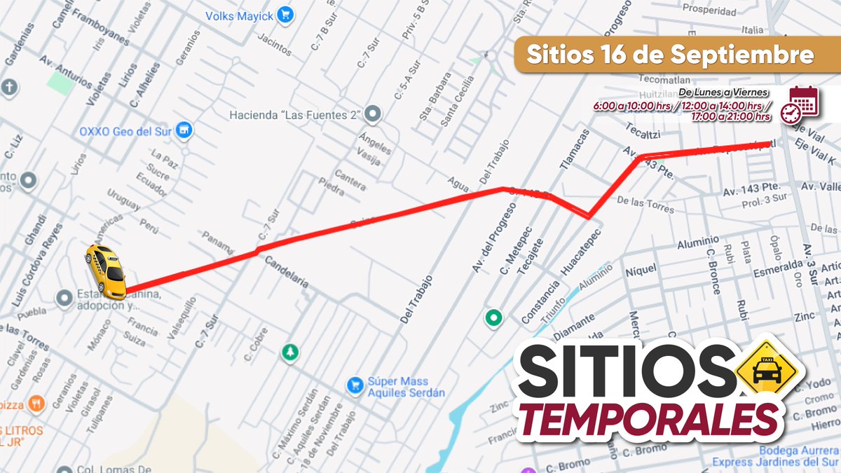 🚖 Taxis temporales como alternativa de movilidad

Se mantienen habilitados los sitios provisionales de taxi, con un total de 210 unidades, ofreciendo viajes compartidos por $20 pesos por persona.

Una medida que fortalece las opciones de traslado mientras avanza la