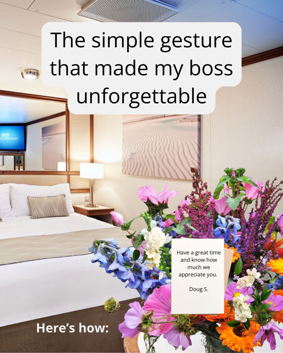 dean_kynaston's tweet photo. One of the most meaningful moments in my career happened on a cruise.

My manager knew I was taking a trip to celebrate a big anniversary with my wife.

When we walked into our cabin, there was a bouquet of flowers sitting on the counter.

From him.

In Galveston, Texas.

Miles away from home.

The note said:
“I just want you to have a great time and know how much we appreciate you, Dean.”
It floored me.

My wife looked at me and said:
“You need to keep working for this guy until you can’t. He is so awesome.”

That is the power of real gratitude.
As a leader, this matters more than any memo or town hall.
Your people remember how you make them feel.
So do their families.

Three simple ways to show it:

Send a handwritten thank you note for real wins.
Celebrate key life events: anniversaries, babies, graduations.
Make it personal, specific, and timely.

Your team doesn’t need grand speeches.
They need proof you see them.

Who on your team needs to feel that from you this week?