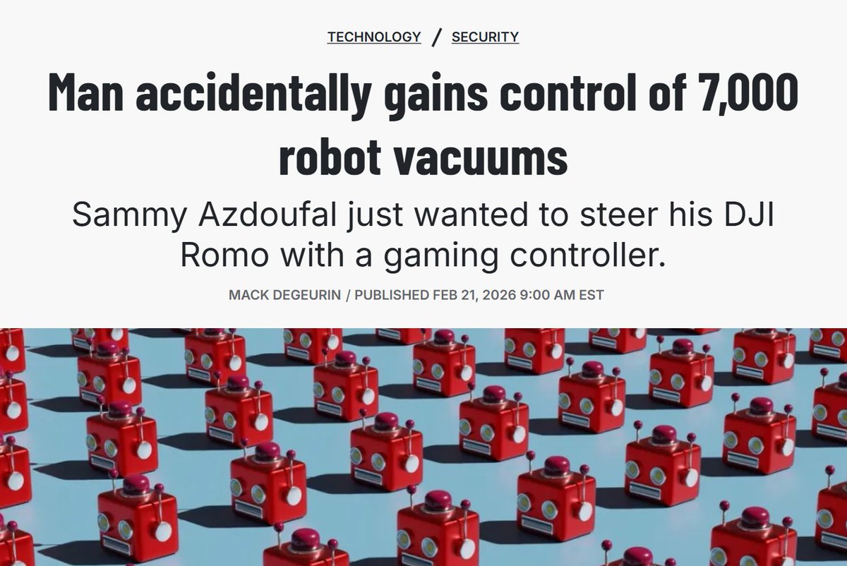 This story is actually insane:

• dude drops $2000 on a DJI robot vacuum like a lunatic
• refuses to use the normal app like a peasant
• Sammy Azdoufal fires up Claude to crack the API so he can drive it with an xbox controller
• Claude delivers the goods
• pulls an auth