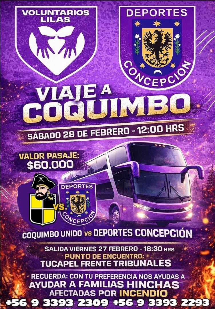 Hinchas Lilas, VL esta sacando bus este viernes 27, para ir a apoyar al equipo en el próximo encuentro vs Coquimbo.
Recuerden que cuando viajan con VL están apoyando la gestión y trabajo solidario de esta agrupación con los que más necesitan. 🦁💜