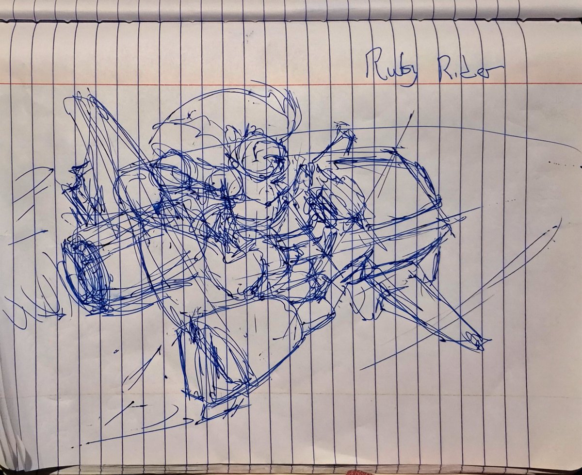 Rough sketch preparing for some action styled art, hopefully srarting in the next day or 2. Hoverbike shenanigans.

#sketch #traditionalart #pensketch #drawing #doodle #scifi #ttrpg