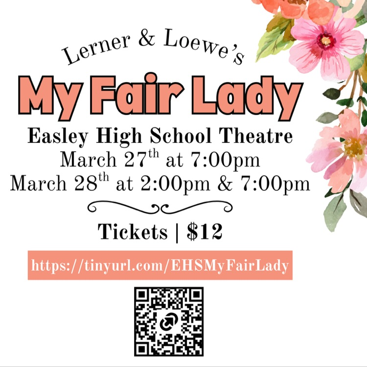 easley_updates's tweet photo. EHS Theatre  has been hard at work preparing for our spring musical, My Fair Lady! Tickets (and options to send some love to your favorite cast or crew member) are available now. We look forward to seeing you in March!
https://t.co/6WOcmWvUvx https://t.co/zD7ZKhysKj