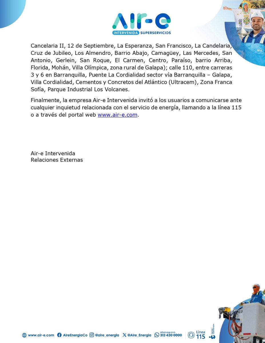 Aire_Energia's tweet image. #MejorasProgramadas en #Atlántico 🌀
Este martes 24 de febrero realizaremos labores de lavado preventivo al interior de la subestación Cordialidad, una de las más importantes de #Barranquilla.
El trabajo de los técnicos se llevará a cabo inicialmente de 7:00 a. m. a 11:00 a. m.