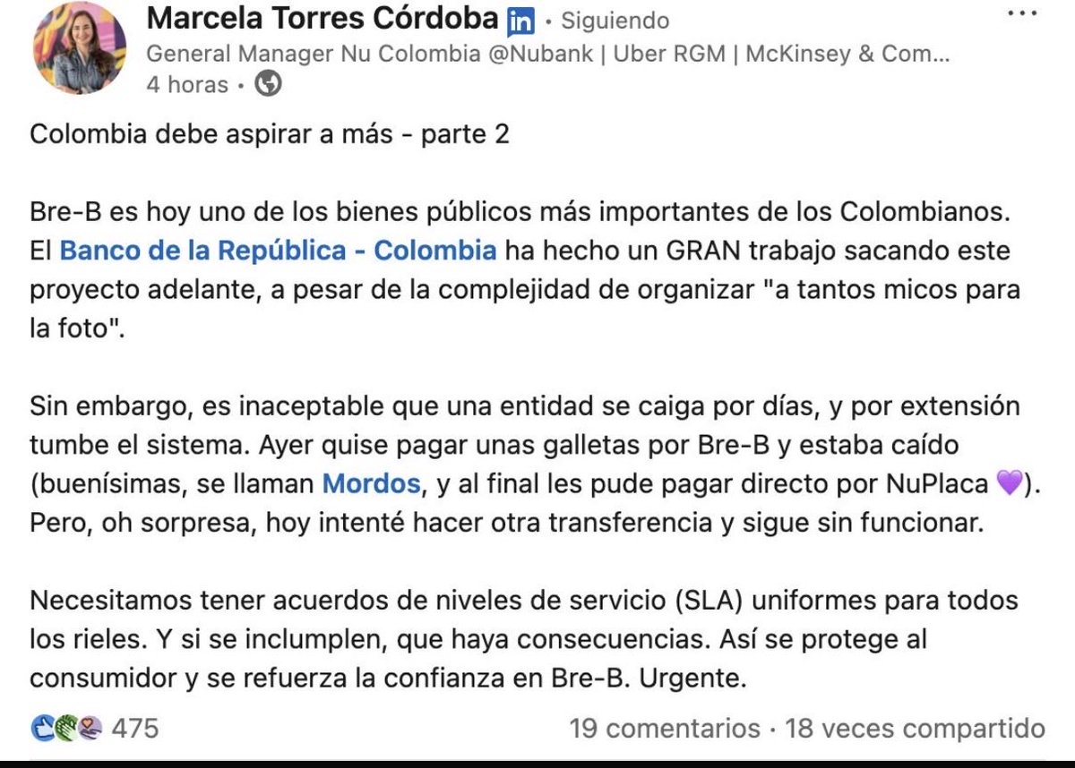Esto escribió Marcela Torres, gerente de <a href="/nubank/">Nubank</a> en Colombia, en su cuenta de <a href="/LinkedIn/">LinkedIn</a> sobre Bancolombia.
