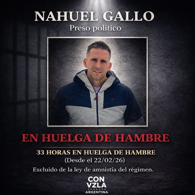 Sigue en HUELGA de HAMBRE el gendarme NAHUEL GALLO (Argentino) quien quedó 
fuera de la ley de amnistía. 

LEY que ellos no necesitan porque al igual que todos los #PresosPoliticos son INOCENTES 

#LiberenANahuel