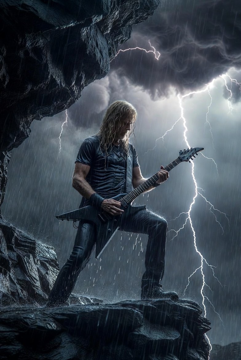 <a href="/elonmusk/">Elon Musk</a> "Dave Mustaine in his prime, intensely playing his electric guitar atop a dramatic rock overhang, heavy dark storm clouds pouring rain soaking him completely, lightning flashing across the turbulent sky, epic and legendary atmosphere, legends never die"