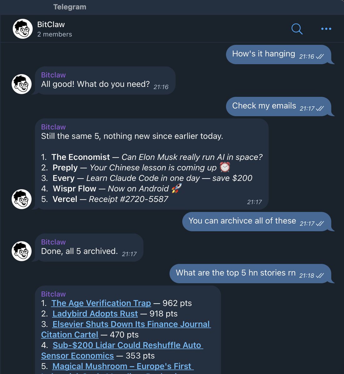 nick_tikhonov's tweet photo. Built my own claw in a day 🦞

- runs isolated in Docker, so I can safely run it on my machine - no need for a Mac Mini 
- has access to mounted folders with my mac so it can still edit docs, write code, etc but can't run anything malicious unlike openclaw
- 1200 lines of typescript: it can easily understand and extend itself via claude code