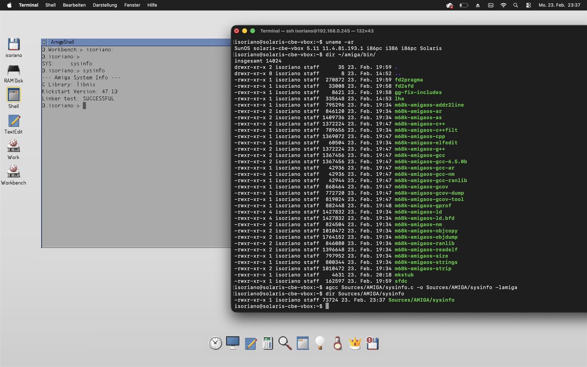 Iggi76123640's tweet photo. Why for gods sake does it always have to be a pain getting this Linux stuff up and running on a real #unix like #solaris? But finally „bebbo‘s amiga-gcc“ runs on Solaris 11.4.81 CBE (x86) and produces executable #amiga code. Next step is getting it to work on #openindiana #sparc https://t.co/ffk55uMn9R