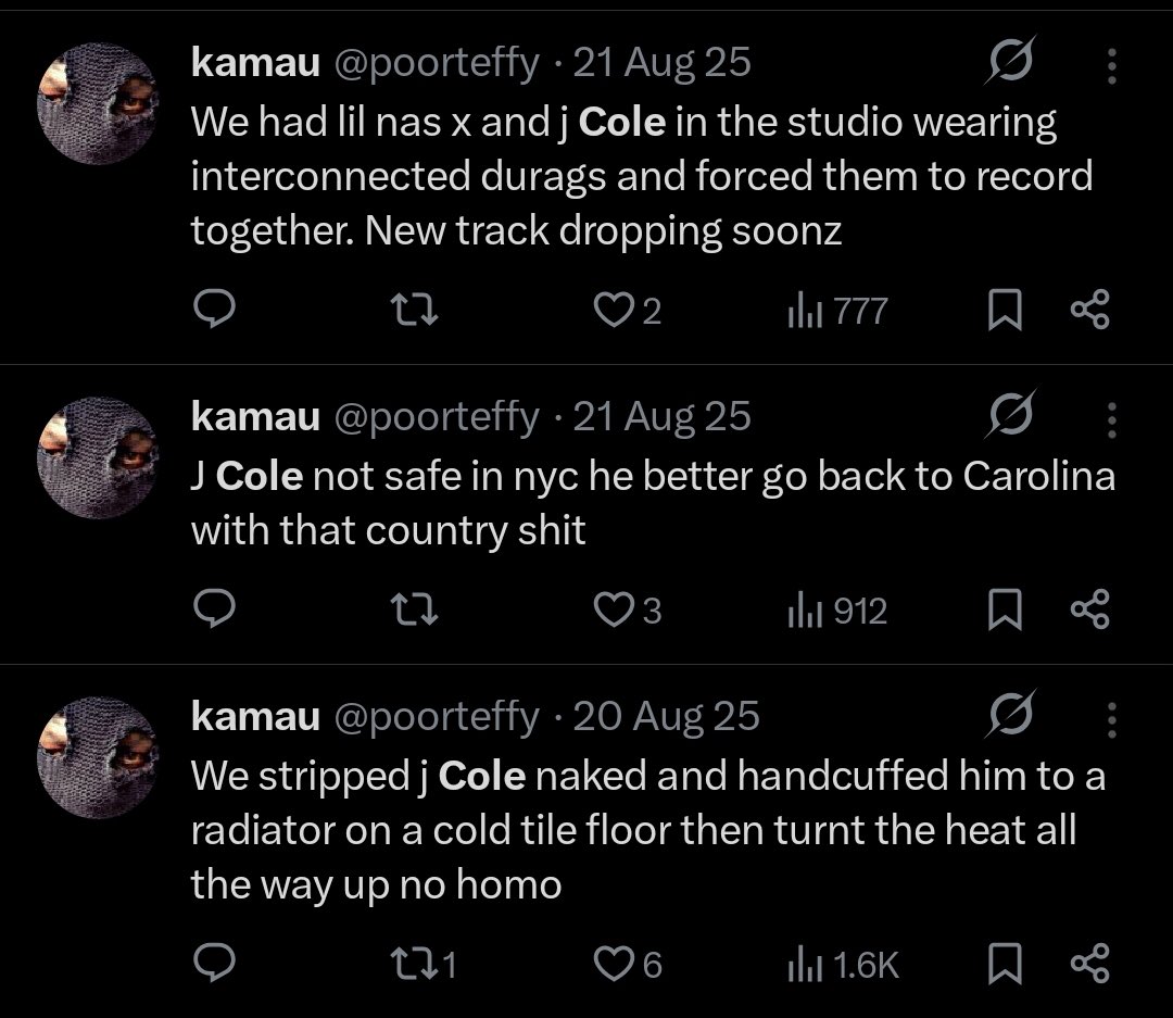 When you come off mute — let us know more about how you stripped J. Cole naked &amp; handcuffed him to a radiator on a cold tile floor. 

I understand you’ve been clout chasing w/ similar stories for over 7 years now but a Defamation Suit in this economy is a high price to pay