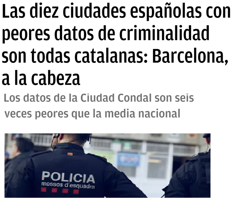 Desde que se traspasó la policía a Cataluña, todos los indicadores de criminalidad han empeorado y con los mossos cobrando mucho más que GC y PN

Estamos peor y nos cuesta más. Pero no llevan la banderita de España en el uniforme, que es de lo que se trataba

Gracias separatistas