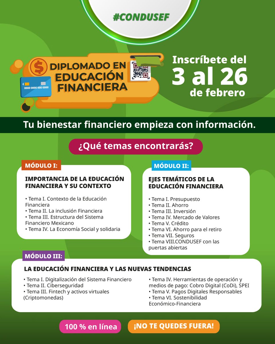 📚 El #Diplomado de #EducaciónFinanciera de la #Condusef te brinda herramientas para entender y aplicar esos consejos financieros que ya conocías, pero no sabías cómo usar ni para qué servían.
👉 Inscríbete aquí: inscripcion-diplomado.condusef.gob.mx
🎓 ¡Domina tus conocimientos financieros!