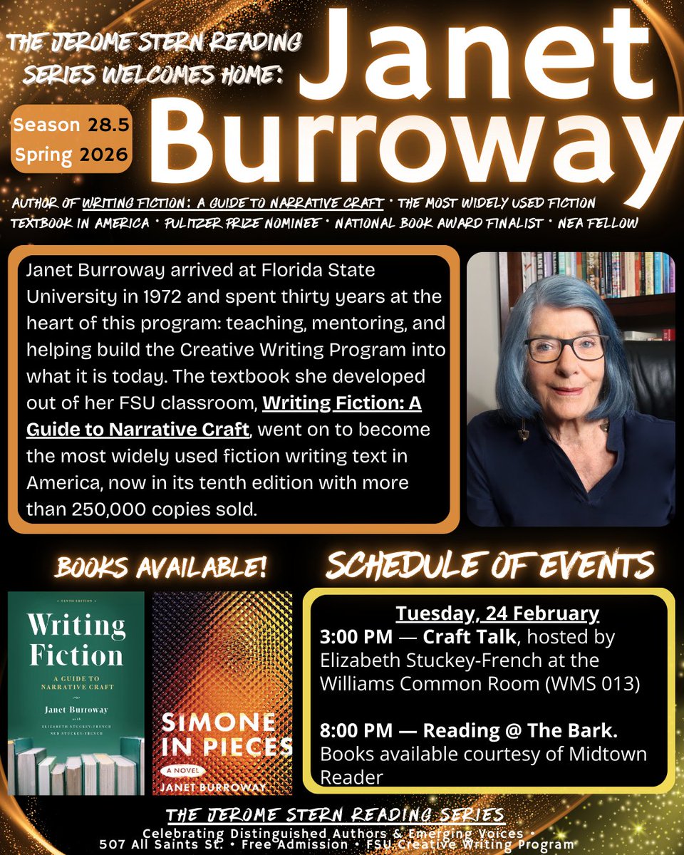 FSU_Writers's tweet photo. The Jerome Stern Reading Series Professor Emerita Janet Burroway — the architect of FSU's Creative Writing Program and author of the most widely used fiction textbook in America. Craft talk at 3 PM in the Williams Building, reading at 8 PM at The Bark. Monday, February 24th! https://t.co/Y7sb0Erg5n