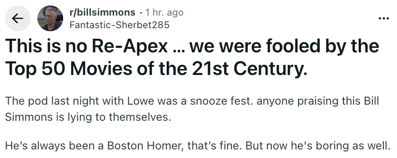 The r/BillSimmons Podcast tweet media