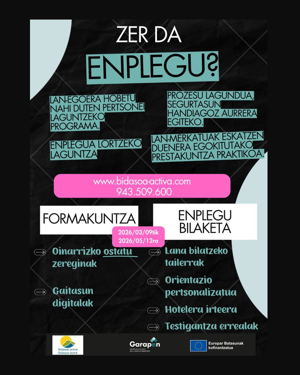 Bidasoaactiva's tweet photo. ENPLEGU: programa de apoyo para personas que buscan avanzar hacia el empleo con más seguridad.

✔ Formación práctica
✔ Talleres de empleo
✔ Orientación personalizada

🗓 Marzo–Mayo 2026
📞 943 509 600

#BúsquedaDeEmpleo #Enplegu #Empleabilidad https://t.co/XEDoqos2KF