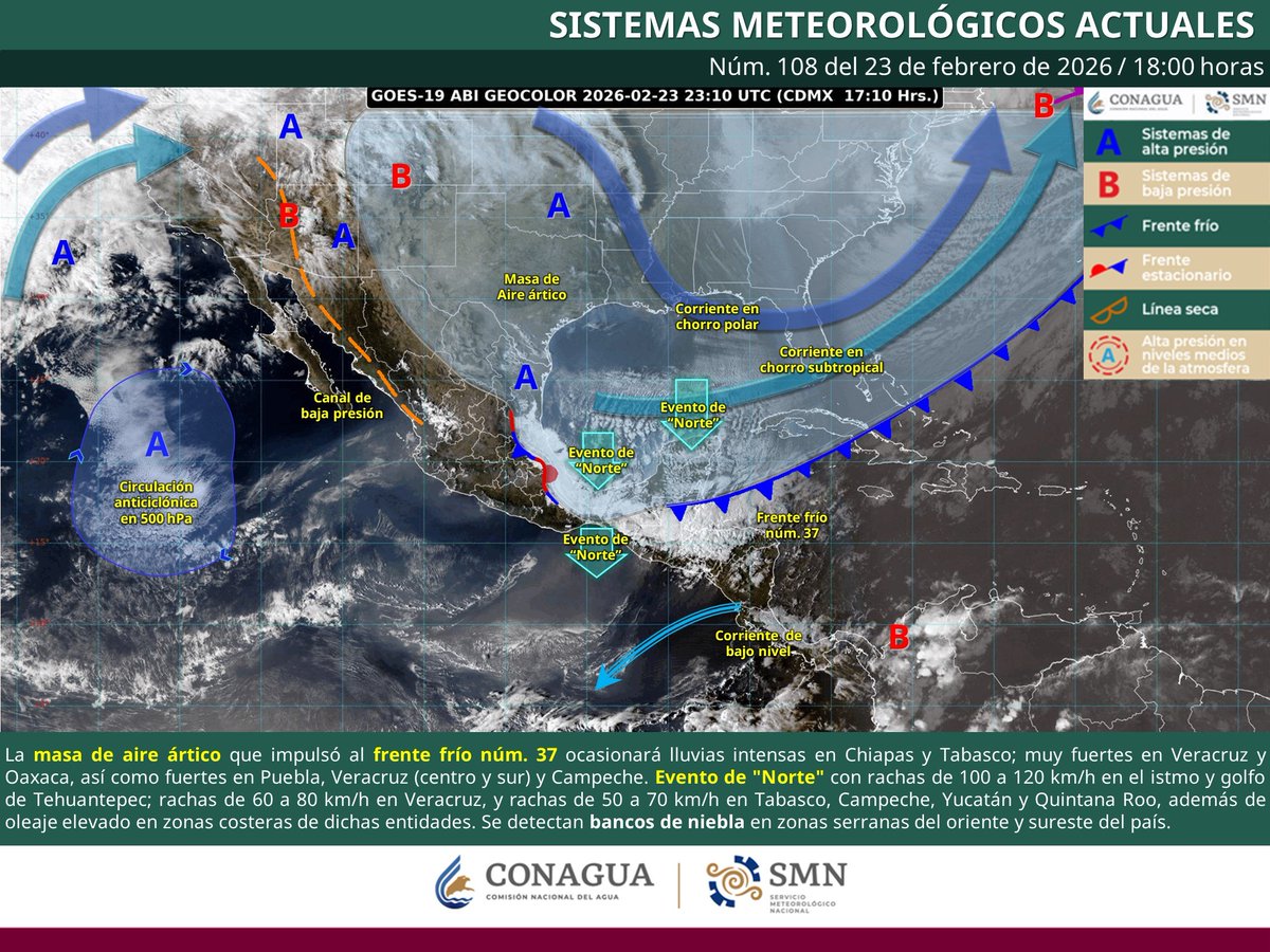 Para las próximas horas se pronostican #Lluvias fuertes a intensas en el oriente y sureste de #México, así como #EventoDeNorte muy fuerte a intenso en el #GolfoDeMéxico, istmo y #GolfoDeTehuantepec. Más información en  ⬇️
smn.conagua.gob.mx/es/pronosticos…