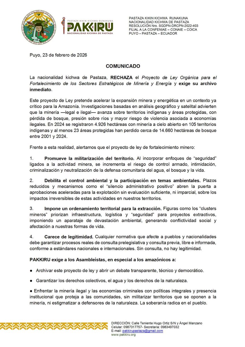 sachacristo1's tweet photo. .@pakkiru_org rechaza proyecto de "Ley de Sectores Estratégicos" 

La minería ha devastado más de 4.900 hectáreas en 105 territorios indígenas. Esta ley solo traerá:

-Más militarización y criminalización
-Menos controles ambientales
-Imposición de proyectos sin consulta previa https://t.co/BVIfaEn2X4