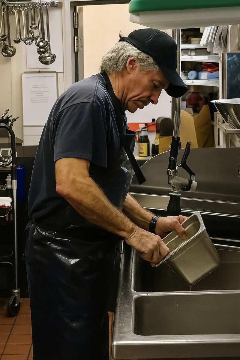 He is the singer Jon Bon Jovi, this picture is not a montage, his personal fortune is $410 million, and he washes trays and dishes in his chain of restaurants ( Soul Kitchen in Newark, New Jersey ) created by him for the homeless, where they eat for free forever ! These are