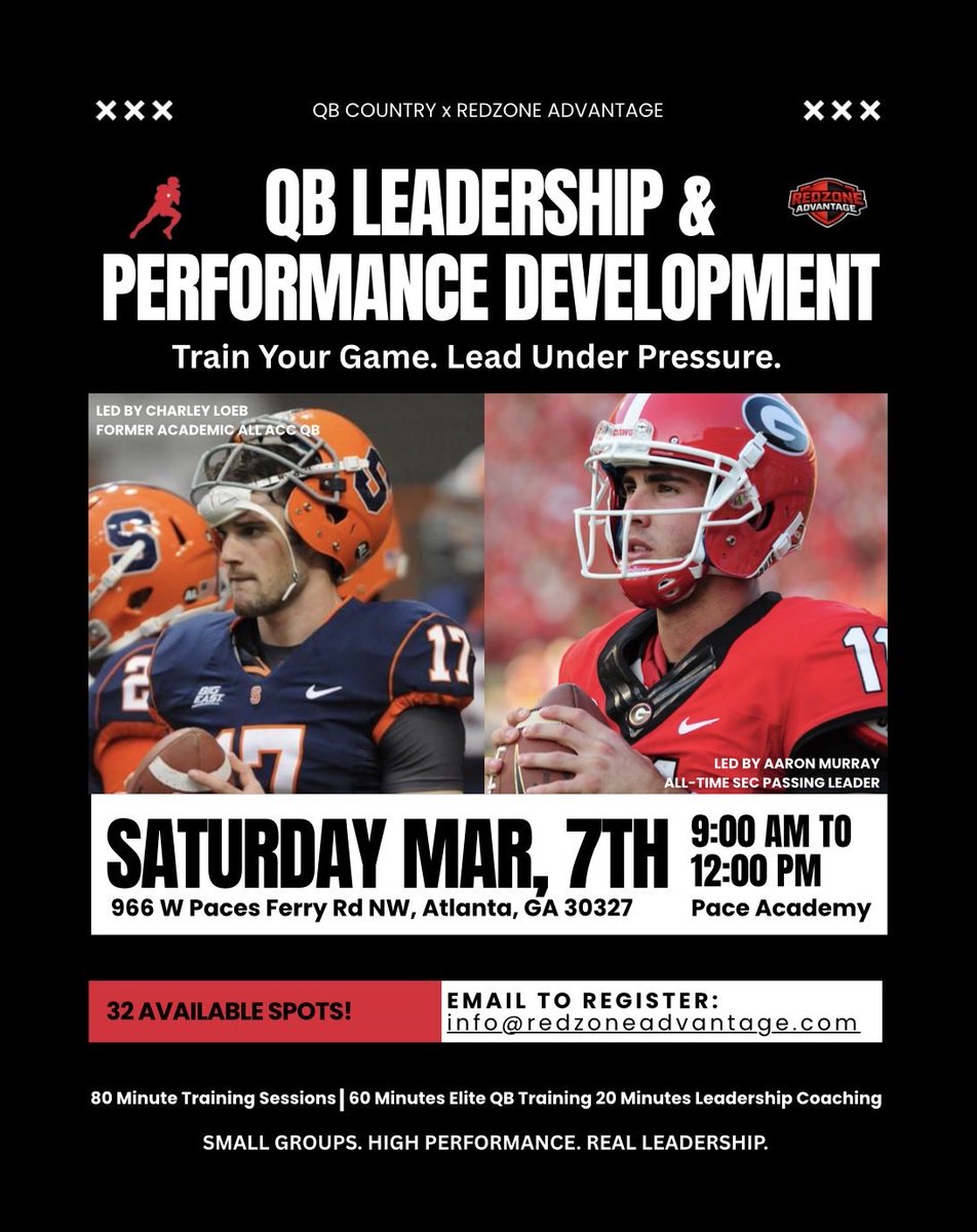 aaronmurray11's tweet photo. Quarterbacks are made on the field.
Leaders are built with intention.

QB Country x Red Zone Advantage
Elite QB Training + Leadership Development

March 7 | Atlanta
Limited to 32 QBs.

Train your game. Lead under pressure.

Email info@redzoneadvantage.com https://t.co/PbNf6jMReC