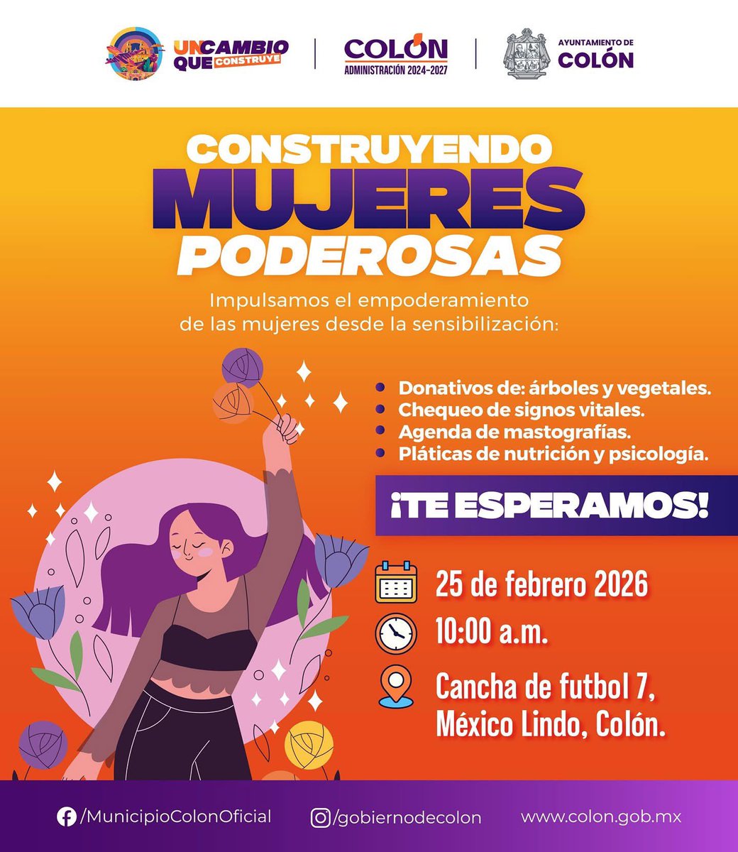 👩🏽Colón invita a la jornada #ConstruyendoMujeresPoderosas en la comunidad de México Lindo
🟠Acude y participa en talleres prácticos y capacitación para fortalecer tus proyectos personales y profesionales. ✨ Aprovecha los servicios que en materia de salud habrá a tu alcance. 👩🏻‍🦰👵🏼