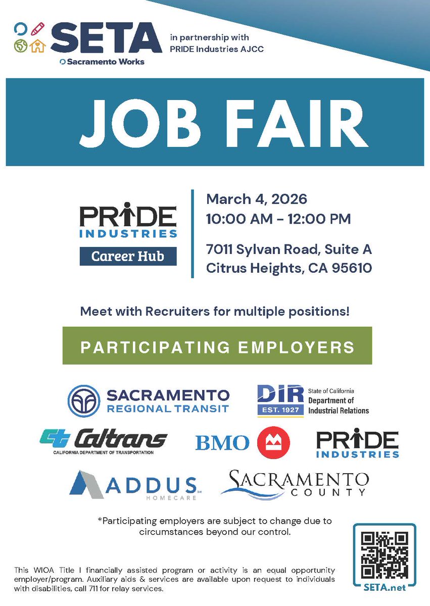 sac_SETA's tweet photo. One of our Sacramento Works Job Centers will be hosting a Job Fair on Wednesday, March 4th from 10AM-12PM! Hope to see you there! https://t.co/f2aPdDwOD5