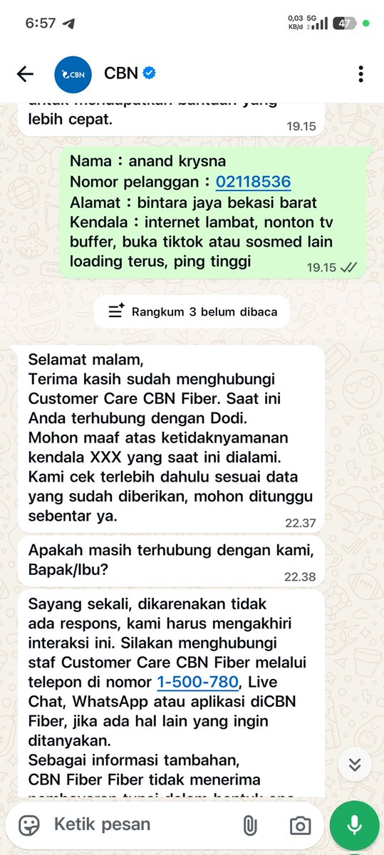 Liat nih cs nya CBN, kita udh ngechat dari jam 7 malam, dianya balas beberapa jam setelah itu, ketika 1 menit kita blm balas langsung mengakhiri sesi chat. Parah banget speed internet dan aftersales hancurrr.
<a href="/di_cbn/">CBN</a>