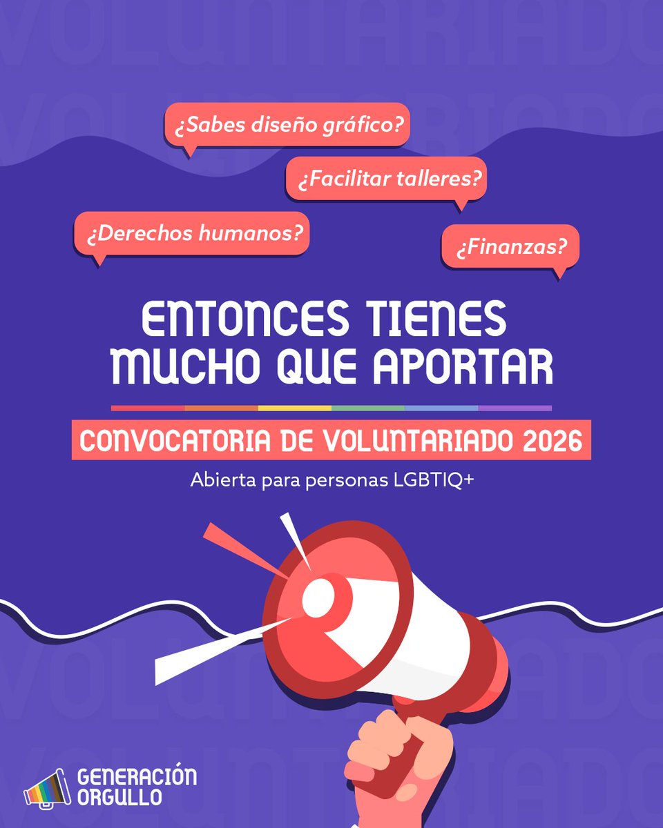 generaorgullo's tweet photo. Convocatoria 2026 👐

Estamos ampliando nuestros equipos en comunicación, incidencia, educación, finanzas y autocuidado.

Buscamos personas LGBTIQ+ comprometidas que quieran convertir sus habilidades en acción colectiva.

👉 Postula hasta el 9 de marzo https://t.co/dUfMuthObT https://t.co/X5kVBpWEnz