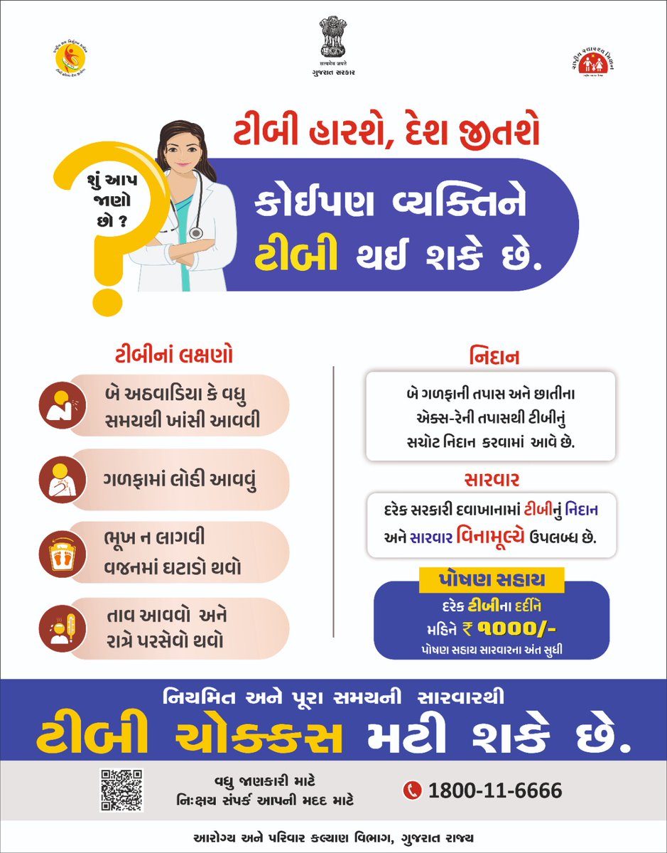 ટીબી હારશે, દેશ જીતશે
શું આપ જાણો છો ?
કોઈપણ વ્યક્તિને ટીબી થઈ શકે છે.
ટીબીનાં લક્ષણો
બે અઠવાડિયા કે વધુ સમયથી ખાંસી આવવી,ગળફામાં લોહી આવવું,ભૂખ ન લાગવી વજનમાં ઘટાડો થવો,તાવ આવવો અને રાત્રે પરસેવો  થવો 
ટીબી ચોક્કસ મટી શકે છે. <a href="/CollectorBharch/">Collector & DM Bharuch</a> <a href="/DDOBHARUCH1/">DISTRICT PANCHAYAT BHARUCH</a> <a href="/prafulpbjp/">Praful Pansheriya</a>