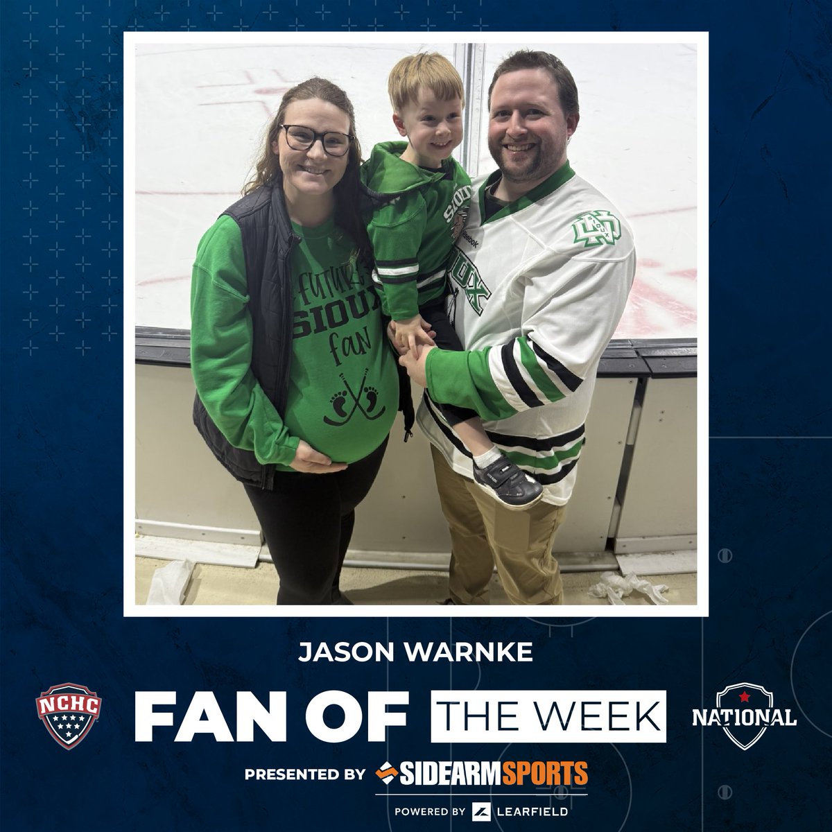 TheNCHC's tweet photo. Another @UNDmhockey fan coming soon! 👶💚

Congrats to our #NCHCFan of the Week, @jason_warnke, who made the trip to @TheREA to cheer on NoDak and share the exciting news that his family is growing! 

Snap a 📸 showing your spirit using #NCHCFan this coming weekend to enter our final Fan of the Week contest presented by @SIDEARMSports this season! 📣