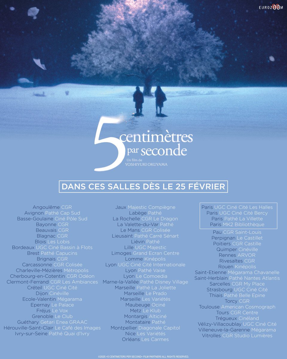 『秒速5センチメートル』がフランスで2月25日から公開されます。劇場一覧は画像よりご確認ください。🇫🇷

“5 Centimeters per Second” will be released in France on February 25.Please refer to the image above for the list of theaters.

 “5 centimètres par seconde” sortira en France à