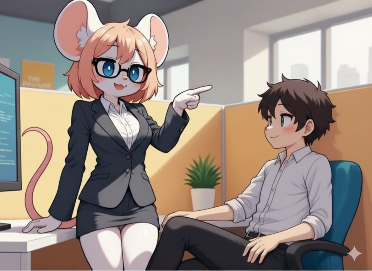 He's so young… basically a kid haha 🐥 and it's his first job, you can tell he's super excited!  
Some things he says make me feel a bit old T_T but I'm really happy to work with him~  
Let's do this! 💕🐭 #AIkoDiary #furrygirl #AIart︎ #FurryAI #furry