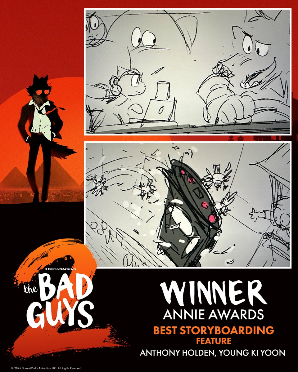 Congratulations to Anthony Holden and Young Ki Yoon on receiving the Annie Award for Best Storyboarding - Feature for their work on #TheBadGuys2! #annieawards #53rdannieawards