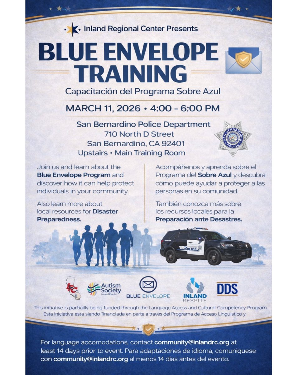 SanBernardinoPD's tweet photo. The San Bernardino Police Department invites our community to attend Blue Envelope Training on March 11, 2026, from 4:00–6:00 PM at our main training room.
@SBPD_CHIEF
#BlueEnvelopeProgram #SanBernardino #Community https://t.co/0TtS3zyCYs