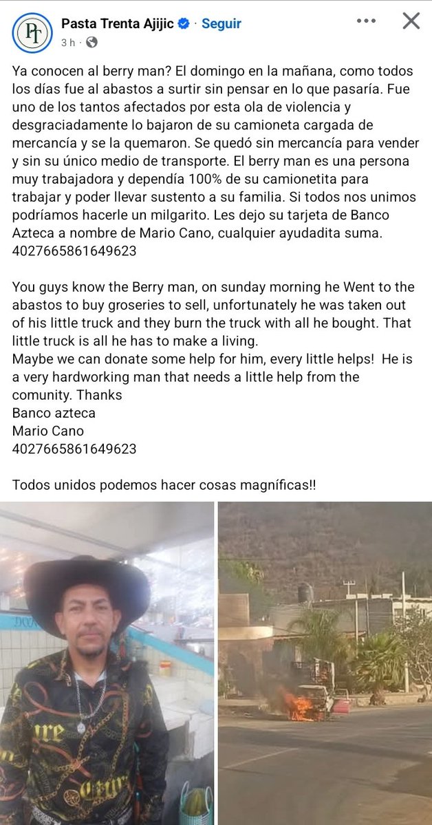 Ayer a Mario le arrebataron su patrimonio. Vendedor de fruta muy conocido en Ajijic. Le quemaron su camioneta y con ello su sustento.

¿Quién responde por las víctimas? ¡Nadie!

Hoy fue él, mañana podemos ser nosotros.

 RT ♾️

#Ajijic
