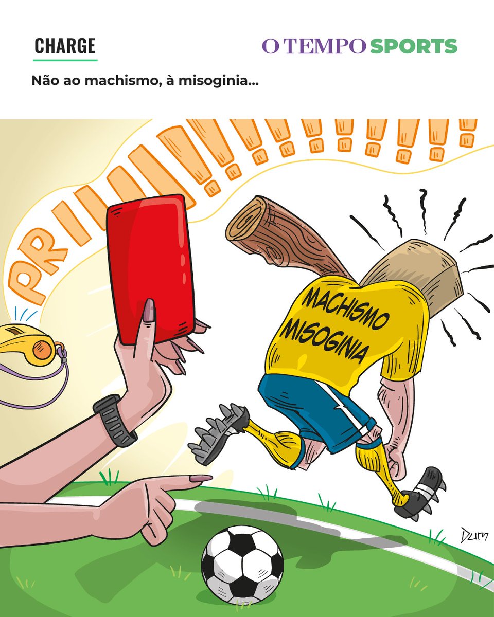 otempo's tweet photo. CARTÃO VERMELHO - Confira a charge de @Dum_Ilustrador, que repercute os casos recentes de machismo e misoginia no futebol. Mais recente, no último sábado (21), a árbitra Daiane Muniz foi alvo de uma declaração machista do zagueiro Gustavo Marques, na partida entre Red Bull Bragantino e São Paulo. 

💬 E aí? O que achou?