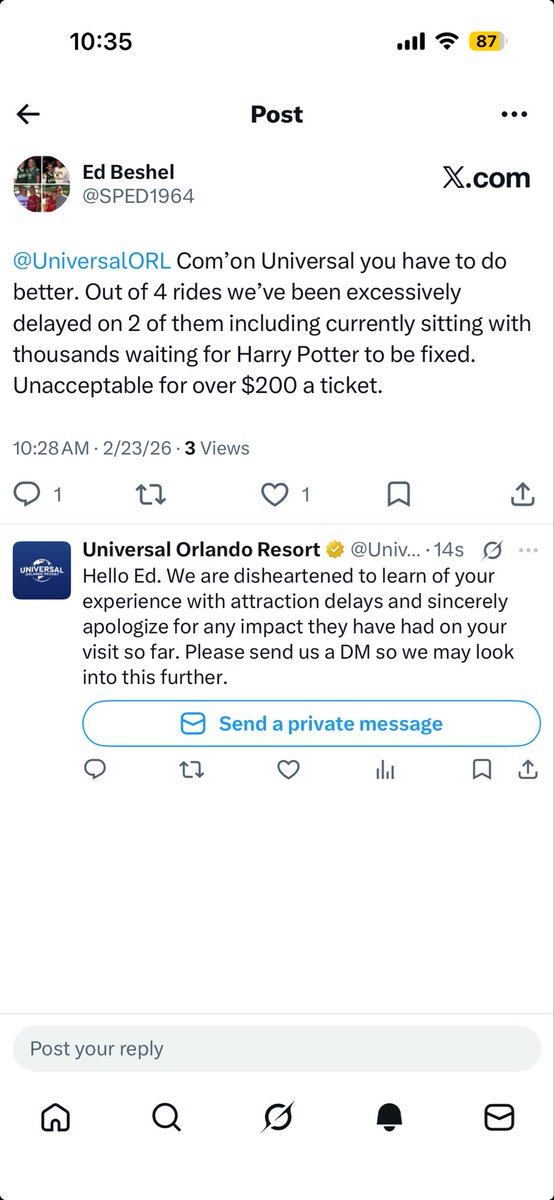 SPED1964's tweet photo. @UniversalORL Here’s more feedback from today  
1st ride Wing Gliders - excellent
2nd ride Monsters - ride stopped midway 
3rd HP/Battle  160 minute ETA turned into 3.5 hours 
Untrainable Dragon - closed early 
Wing Gliders - delayed 
Hoping tomorrow is better at Universal &amp; IA https://t.co/mNqb1Tbn9l