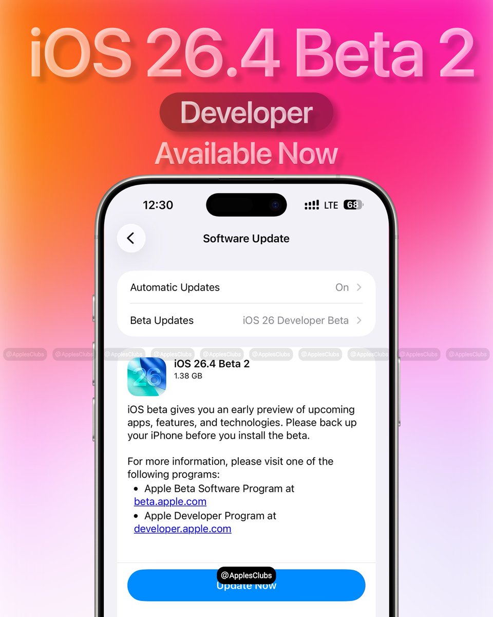 ApplesClubs's tweet photo. iOS 26.4 Beta 2 is out for developers 👀🔥 https://t.co/u0kxDjt28k