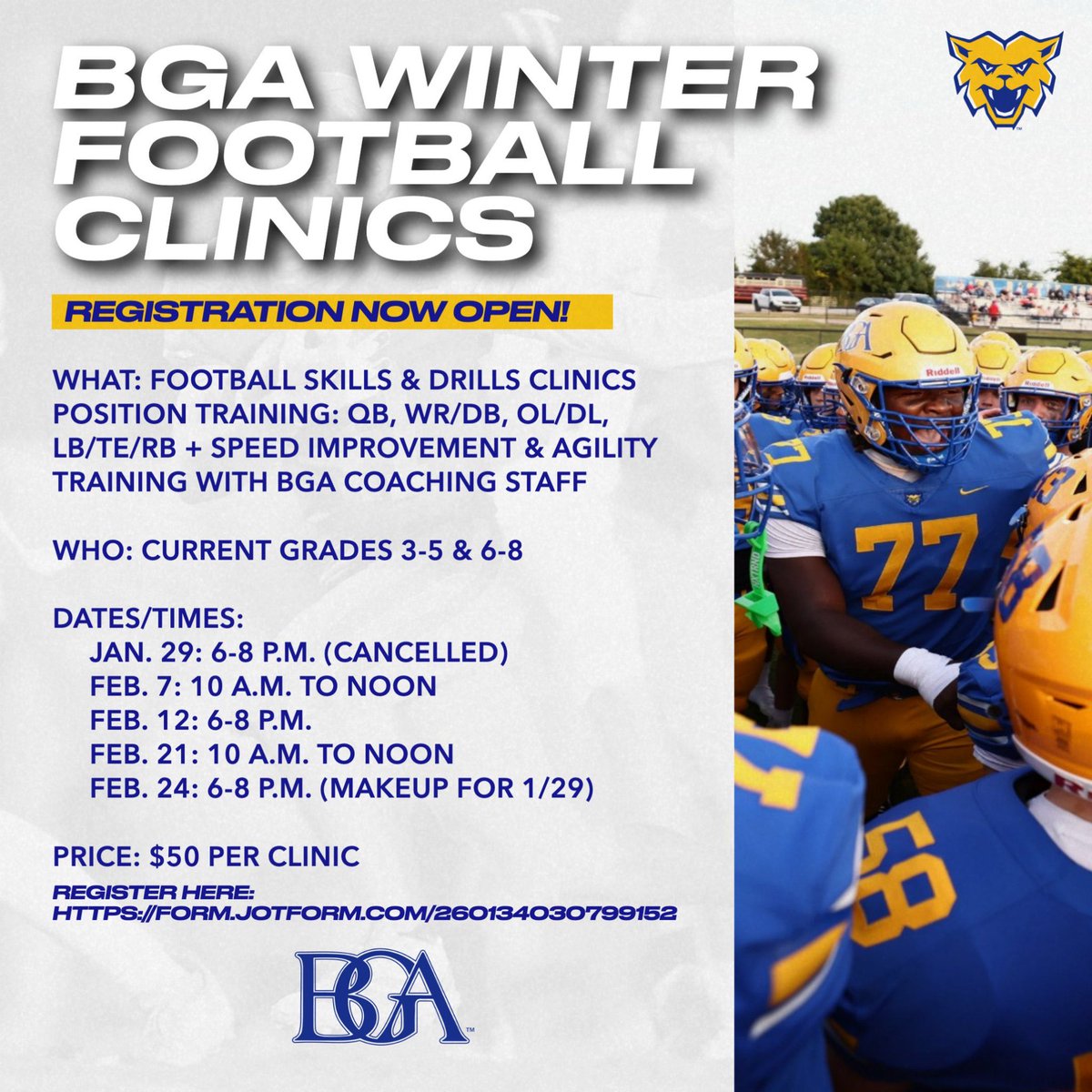 FootballBga's tweet image. Last one of the spring! Come train with us TOMORROW (2/24) at 6pm-8pm. 
Grades 3-8. Come get developed.  Register Now!