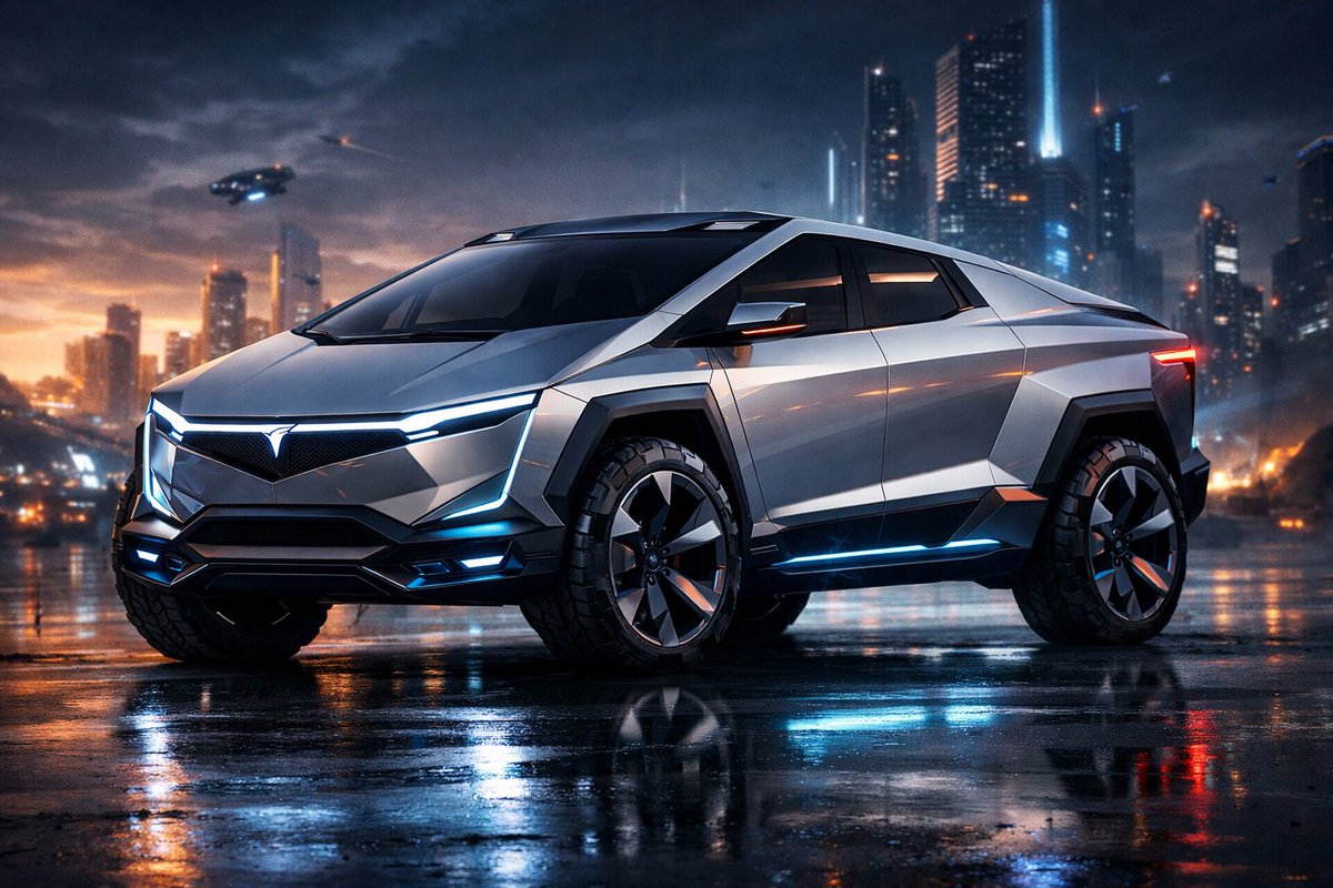 TelmaxInc's tweet photo. @elonmusk This is how AI envisions the future cyber truck. Tell me if you would drive one. https://t.co/XMMQ5Gdf2s