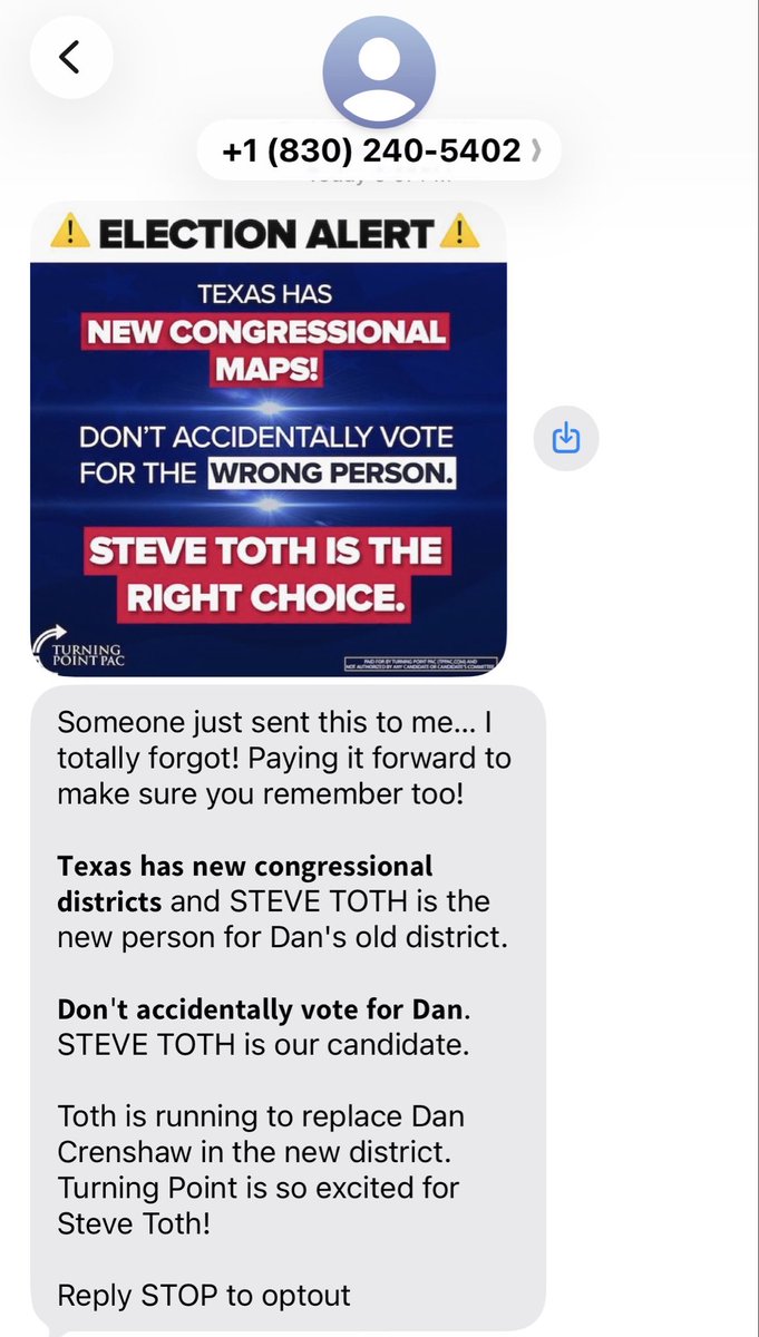 senddaveatweet's tweet photo. @DanCrenshawTX @CharlesTX127 @LigonForTexas @Flickingerhtx @texasdaniel Toth is sending out misleading texts like this. I’m an independent but I hope you win. This type of character doesn’t deserve a place in congress. https://t.co/VgDf4vMPKM
