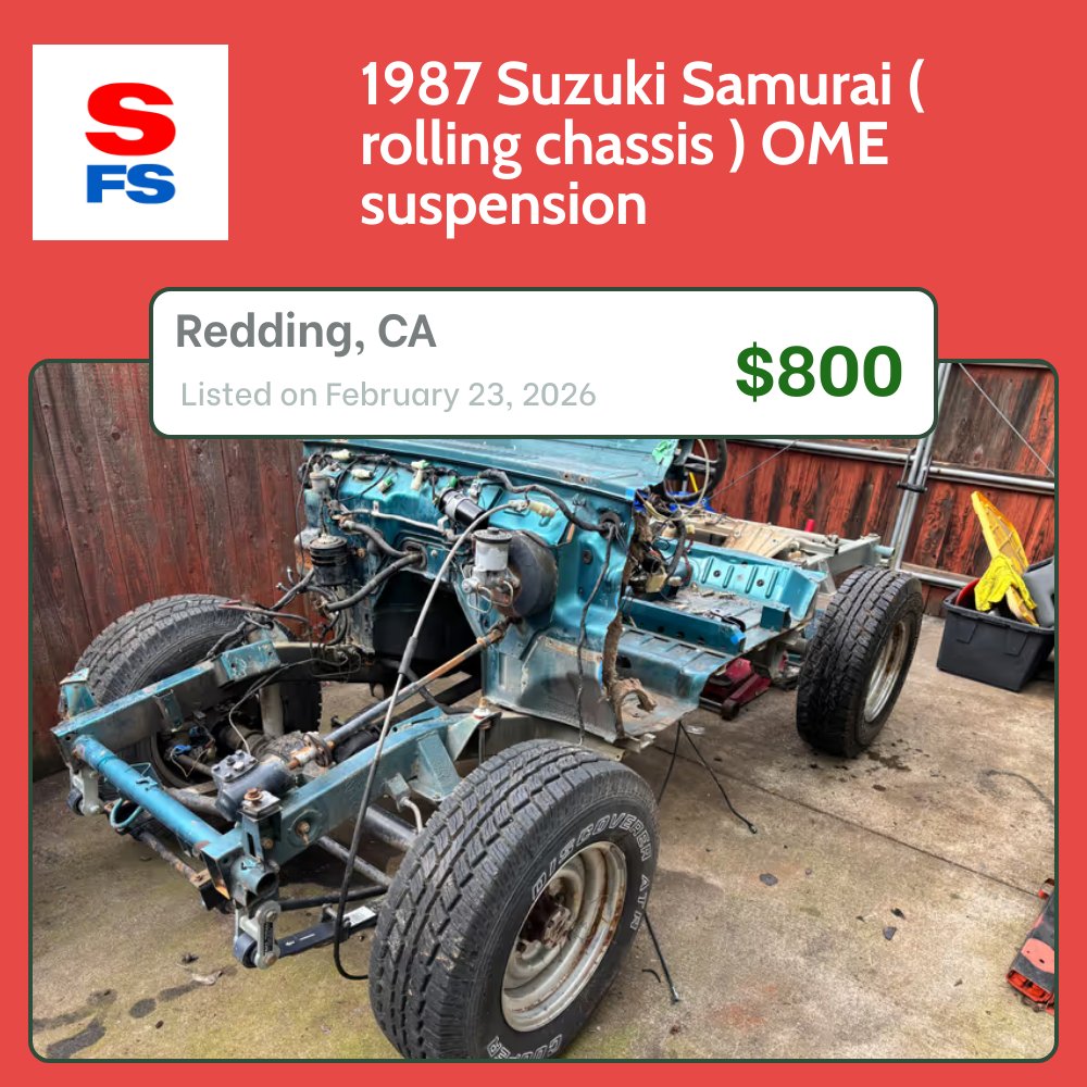 samuraiforsale's tweet image. 1987 Suzuki Samurai ( rolling chassis ) OME suspension in Redding, CA
marketplace.samuraiforsale.com/listing/1987-s…

#suzukisamurai #samuraiforsale #zuki