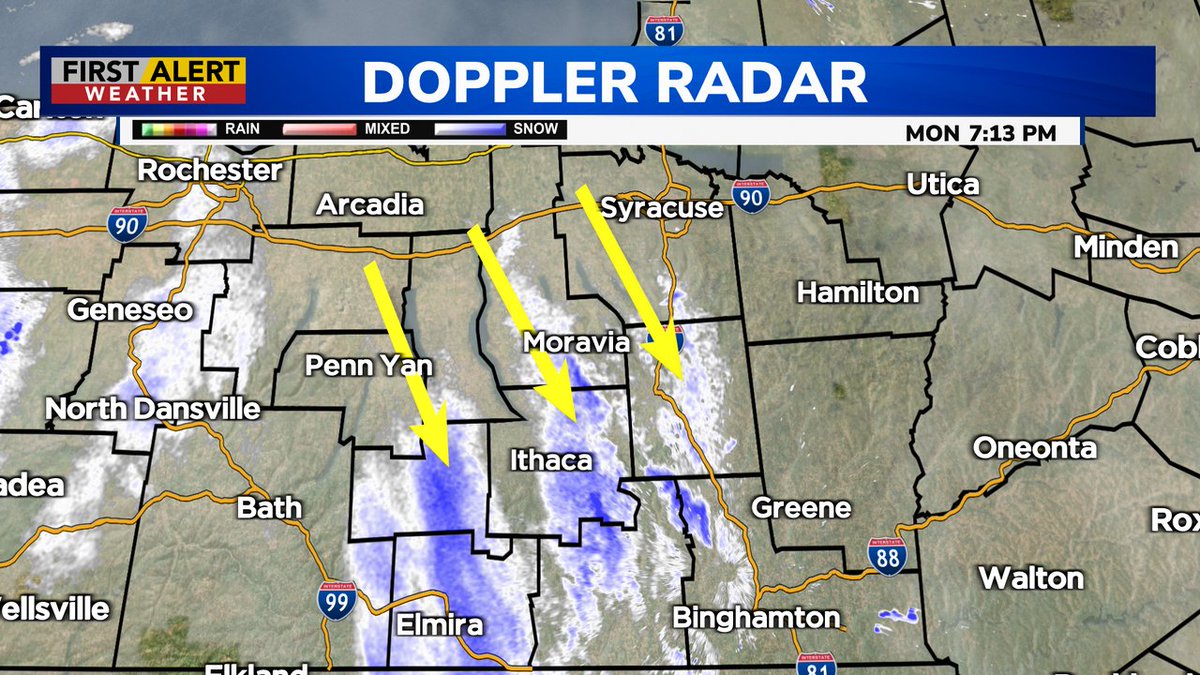WHEC_SPensgen's tweet photo. We have lake effect snow, and we have Finger Lake snow! The wind looks like it's lining up perfectly to pick up moisture from Seneca Lake, Cayuga Lake and maybe to some extent Owasco. 

#weather #snow #lakeeffect #flx https://t.co/vrJFRos620