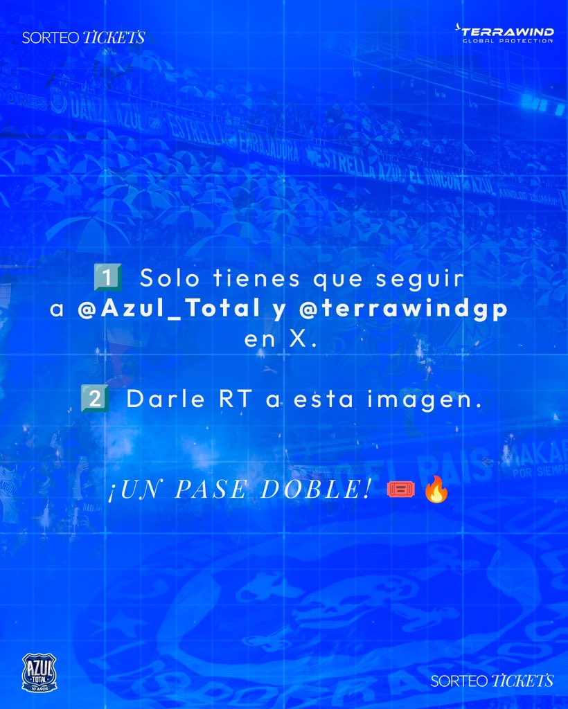 ¡SORTEO! Ⓜ️

👉🏻 𝗔𝘇𝘂𝗹 𝗧𝗼𝘁𝗮𝗹 y 𝗧𝗲𝗿𝗿𝗮𝘄𝗶𝗻𝗱, patrocinador oficial de 𝗠𝗶𝗹𝗹𝗼𝗻𝗮𝗿𝗶𝗼𝘀, te invitan al partido de Liga BetPlay 🆚 Pereira 

1️⃣ Solo tienes que seguir a <a href="/Azul_Total/">Azul Total</a> y <a href="/terrawindgp/">Terrawind Global Protection</a> en X

2️⃣ Darle RT a esta imagen

¡SORTEAREMOS UN PASE DOBLE! 🎟️🔥