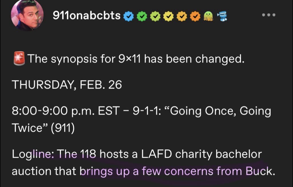 “buck grows envious as eddie forms a close bond with someone else”

VS 

“bachelor auction brings up a few concerns for buck”