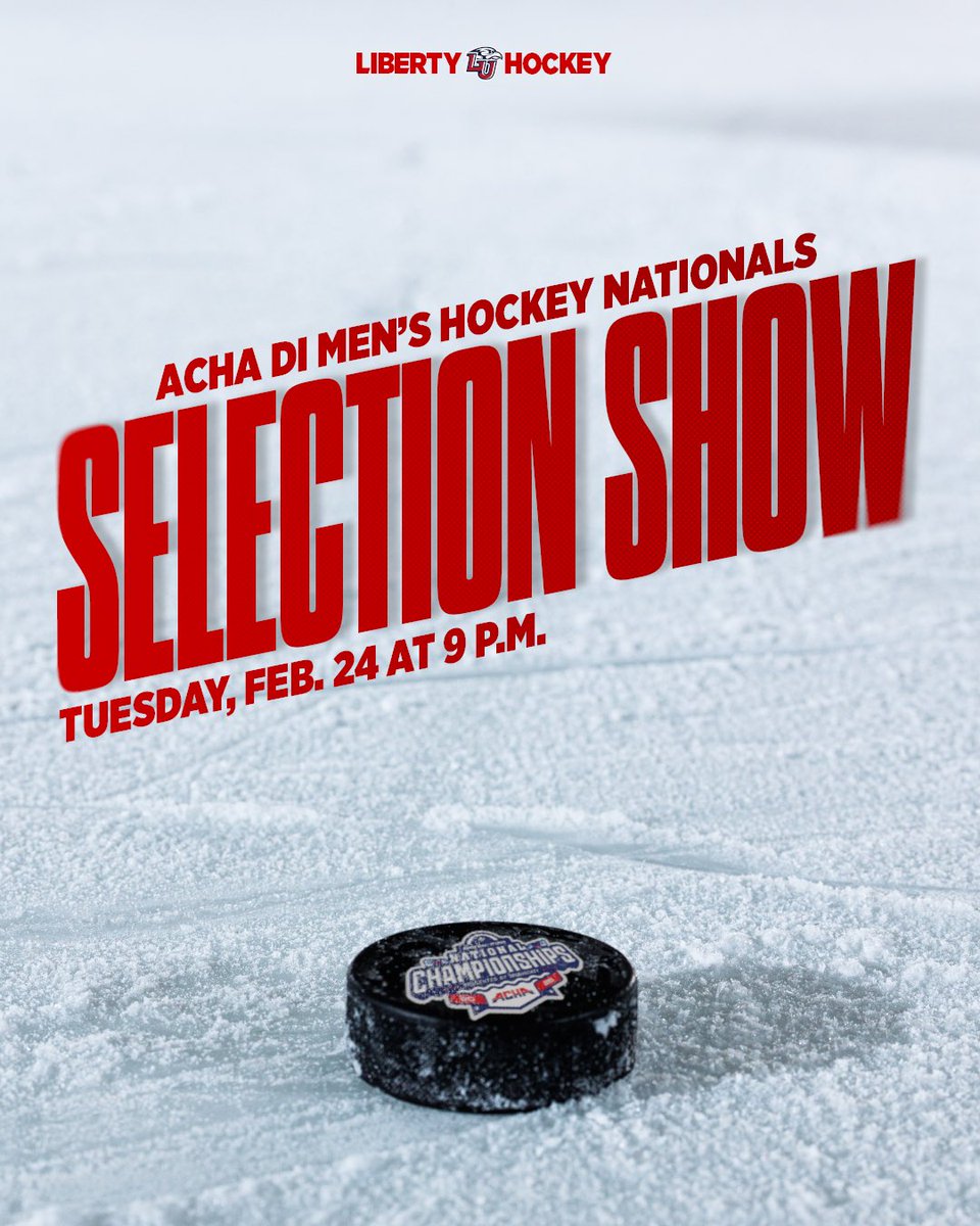 LibertyHockey's tweet photo. Tune into the ACHA Men’s Division I Nationals Selection Show tomorrow night at 9 p.m. Stream using the link below! #RockTheRink

Watch here: https://t.co/aVER0kRGKv https://t.co/HjYool5ymi
