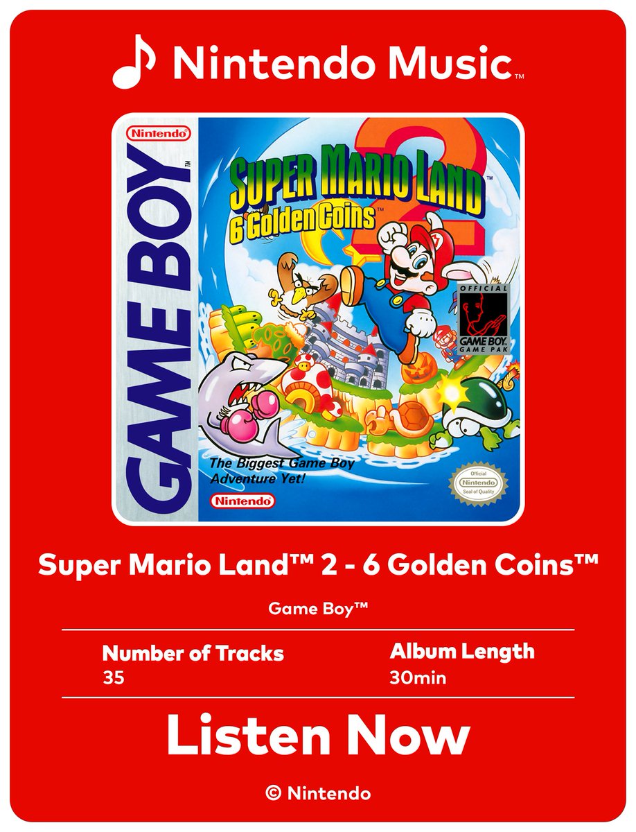 Enjoy the golden sounds of the #NintendoMusic app! Check out songs from the Game Boy game Super Mario Land 2 - 6 Golden Coins, available now.

🎵 Tune in: ninten.do/6016QZ1FG