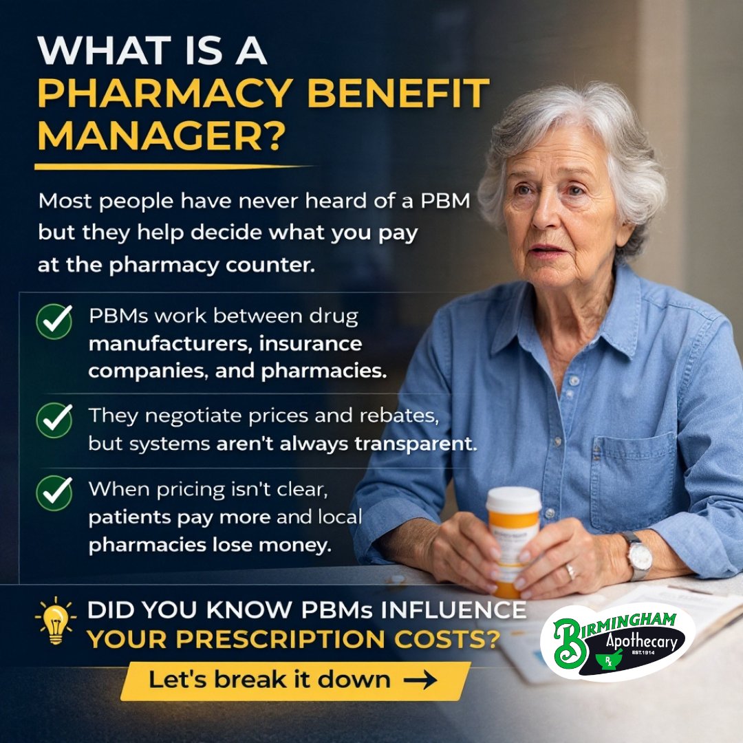 bhamapothecary's tweet photo. What is a Pharmacy Benefit Manager… and why should you care?

Most people have never heard of a PBM.
But PBMs help decide what you pay at the pharmacy counter.

They sit in the middle of the system, working between:

• Drug manufacturers
• Insurance companies
• Pharmacies

They negotiate rebates.
They help decide which drugs are covered.
They influence how much pharmacies are reimbursed.

Originally, PBMs were meant to help control costs.
But when pricing structures aren’t transparent, it can be hard to understand where the money is going - and why your prescription costs what it does.

If pricing isn’t clear, patients can end up paying more.
Local pharmacies can lose money.
Employers may not see the full picture of what they’re spending.

So here’s the question:

Did you know PBMs influence your prescription costs?
Have you ever been surprised by what you had to pay at the counter?

Let’s talk about it 👇

@SenKatieBritt @SenTuberville @RepTerriSewell @USRepGaryPalmer @RepBarryMoore @RepSCFigures @RepMikeRogersAL @Robert_Aderholt @RepDaleStrong @_Apci @TruthRx @COMMPHARMACY

#PBMReform #DrugPricing #HealthcareTransparency #PatientsFirst #CommunityPharmacy #FairPricing #MedicarePartD
