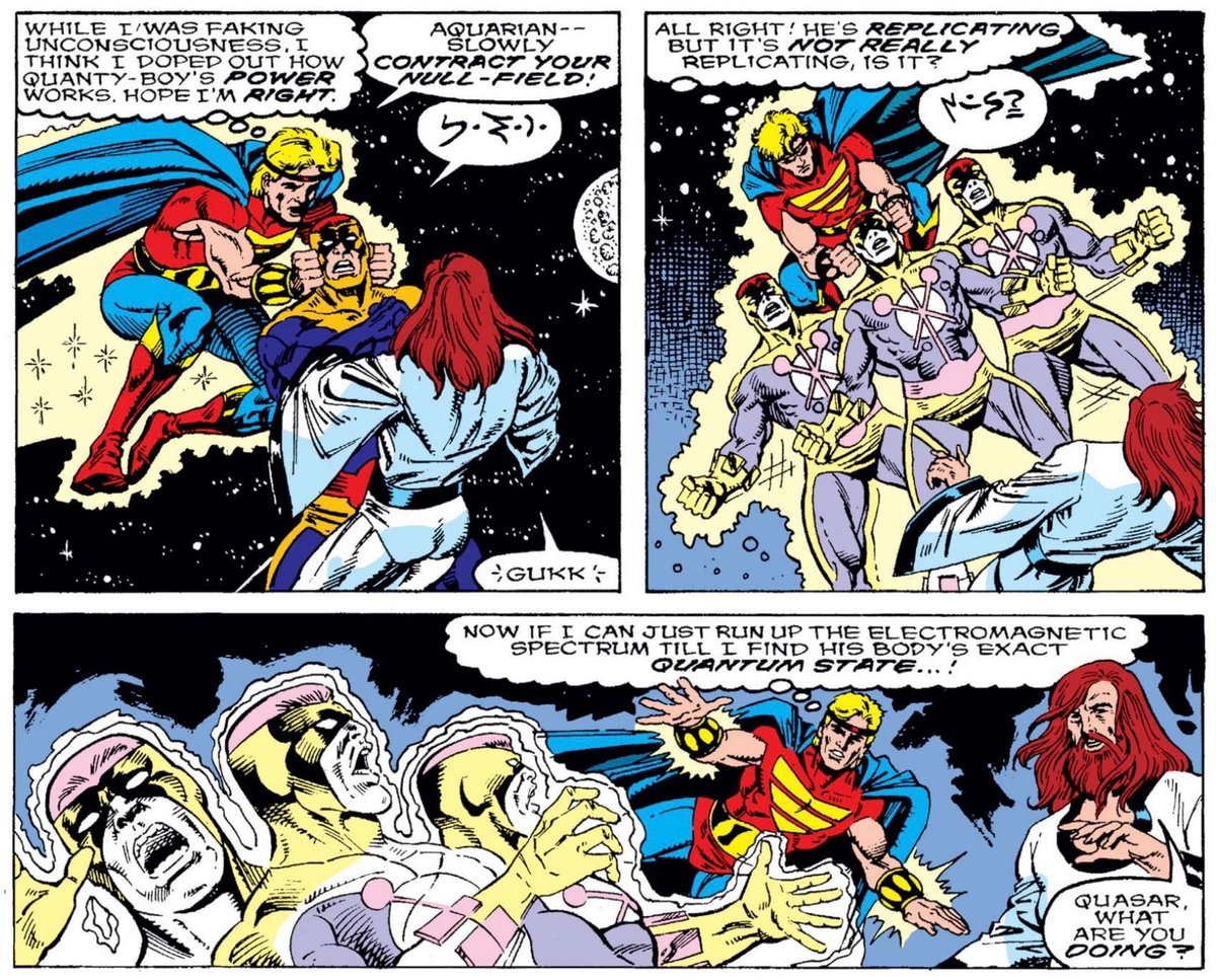 MarvelDailyArt's tweet image. I thought that Quantum was duplicating himself, similar to Multiple Man, but he’s actually shifting through different quantum states so quickly that it seems like he’s in multiple places at once. Quasar depowers him and that’s the end of the issue! #marvel #quasar