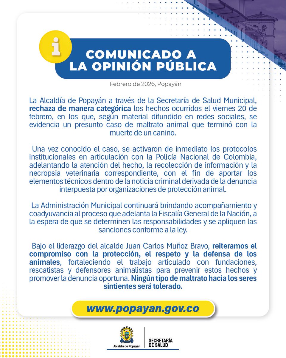 AlcaldiaPopayan's tweet photo. Rechazamos de manera categórica los hechos ocurridos el viernes 20 de febrero, en los que, según material difundido en redes sociales, se evidencia un presunto caso de maltrato que terminó con la vida de un canino. https://t.co/c6OrSvFhw3