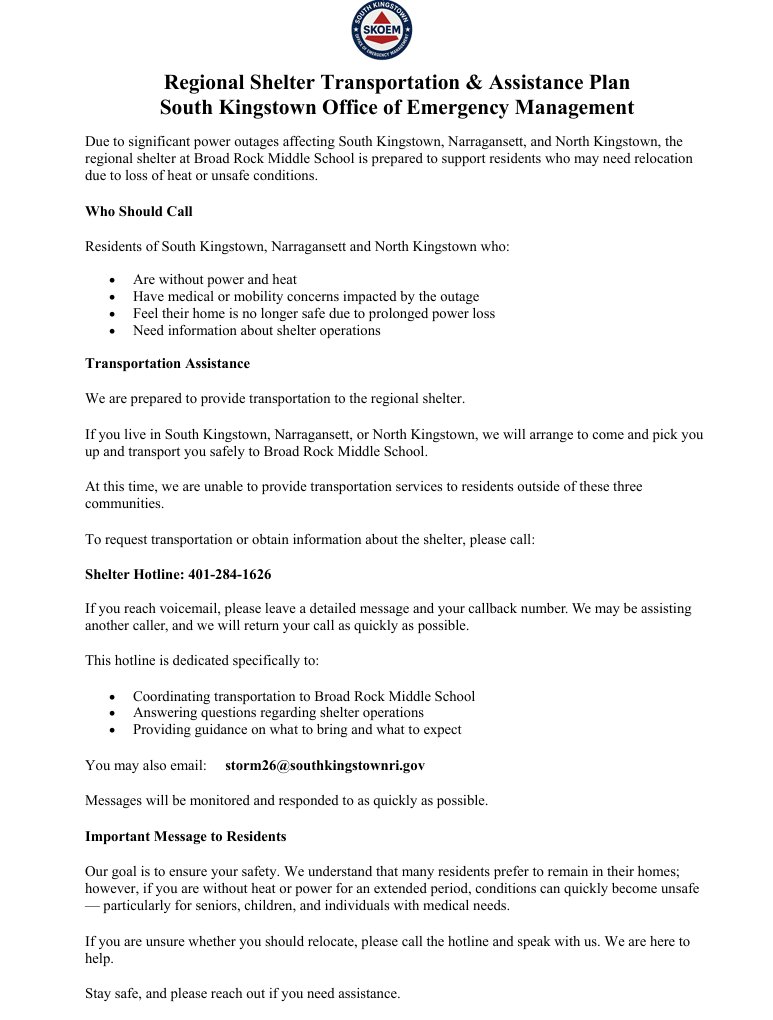 Regional Shelter is Open