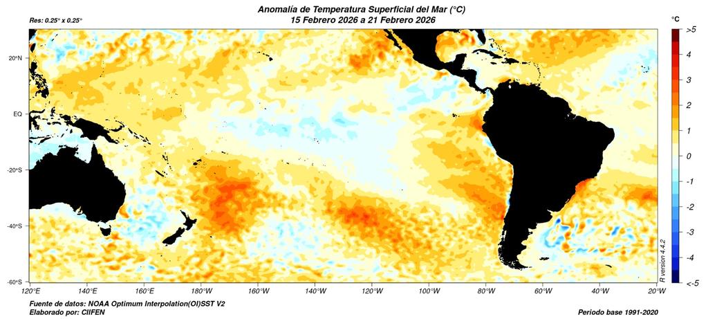 Durante la semana del 15 al 21 de febrero, se fortalecieron las anomalías cálidas de Temperatura Superficial del Mar (#TSM) en el Pacífico Ecuatorial Oriental. Además, se observaron anomalías cálidas frente a Sudamérica, con mayor intensidad al sur de Ecuador.